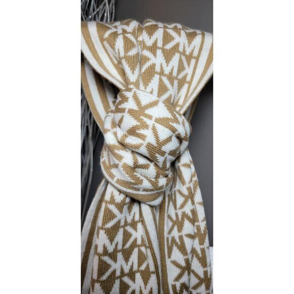 MICHAEL KORS Scarf MK Monogram Tan Beige White Knit Logo Border 64 x 11" - Picture 2 of 4